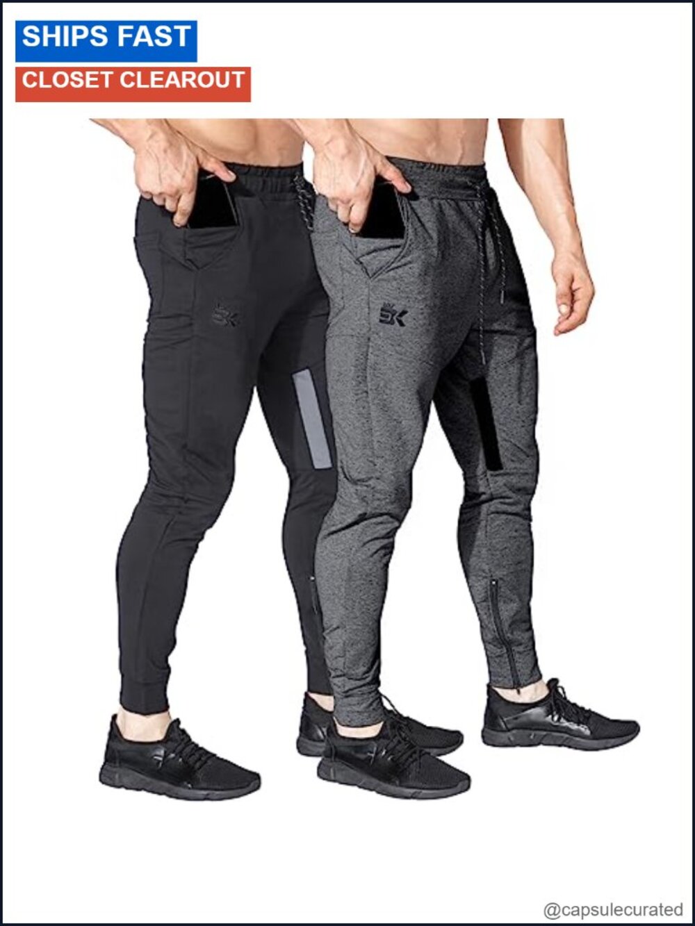 Men's Fitted Gym Joggers Tapered Track Pants with Ankle Zips & Hidden Pocket